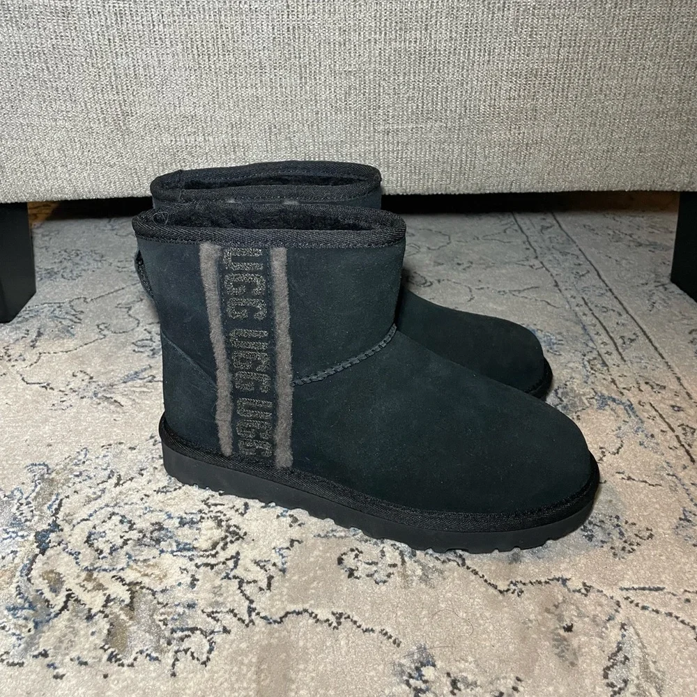 UGG Classic Mini Shearling Logo Black Suede Ankle Women’s Boots